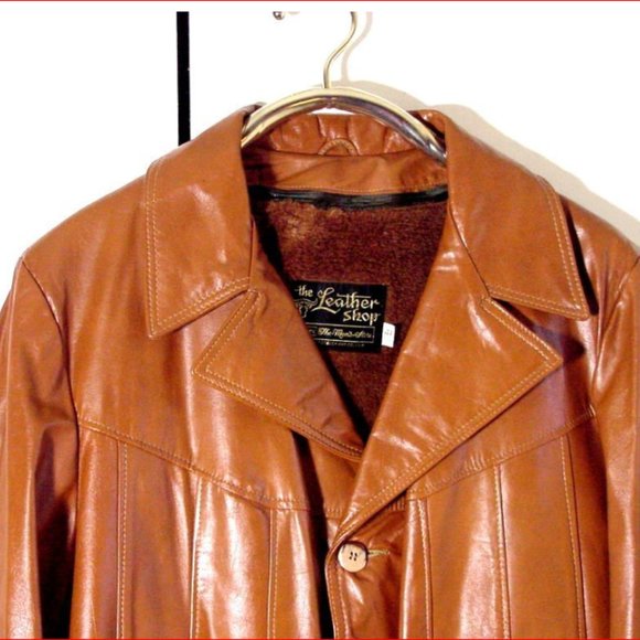 Vtg 70's Sears Leather Shop Fuzzy Lined Button Brown Leather Jacket Sz 44 Tall - Picture 2 of 8